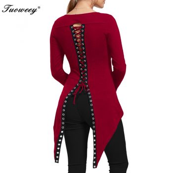 2019 new fashion sexy ladies round neck long sleeve solid women t  back open fork irregular butterfly tail shirt top