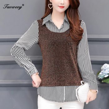 Fake Two Pieces Women Striped Patchwork Casual Blouses Shirt Long Sleeve Women Blouses Loose Shirt Lady Tops M-4XL