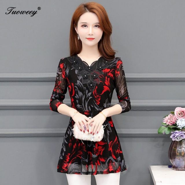 mujer de moda 2020 shirt Ladies Large Size Button Lace V Neck see through Long Sleeve blusa feminina elegant blouse women