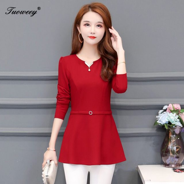 Fashion Women red spring Shirt Autumn Slim Simple Button Elegant Blusas Long-Sleeved Shirts Solid Color Shirts Tops 5XL