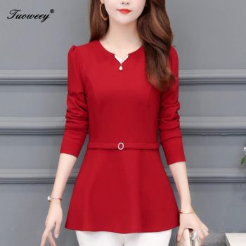 Fashion Women red spring Shirt Autumn Slim Simple Button Elegant Blusas Long-Sleeved Shirts Solid Color Shirts Tops 5XL