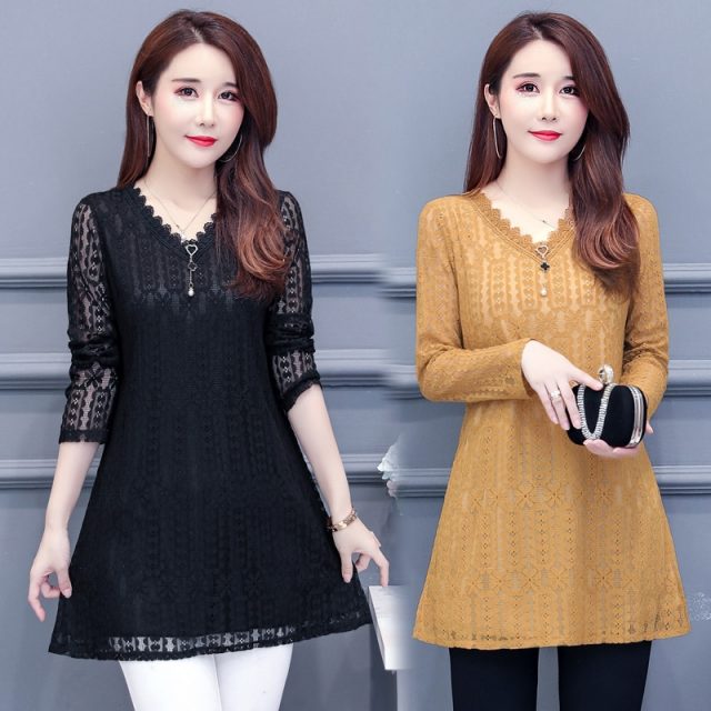 lace Blouse Women Long Sleeve Shirts Spring 2019 Fashion v neck loose Blouse Shirt Casual Elegant Womens Tops and Blouses