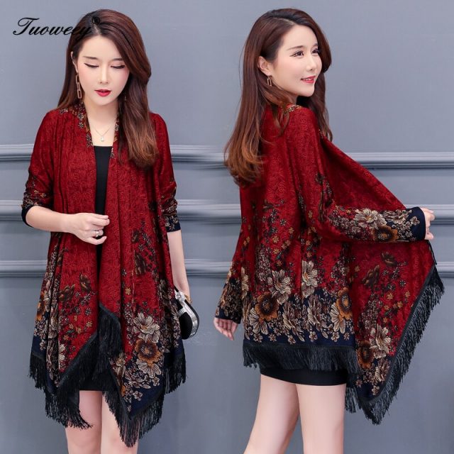 autumn Women Kimonos Blouse Tassel Long Sleeve Floral Chiffon Print Cardigans Longo Feminino Vintage Sunscreen Fringe Shirt Tops