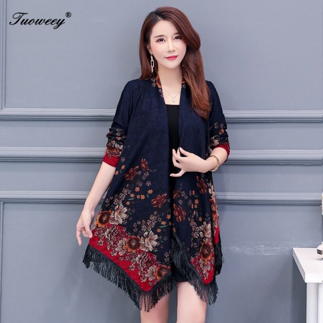 autumn Women Kimonos Blouse Tassel Long Sleeve Floral Chiffon Print Cardigans Longo Feminino Vintage Sunscreen Fringe Shirt Tops