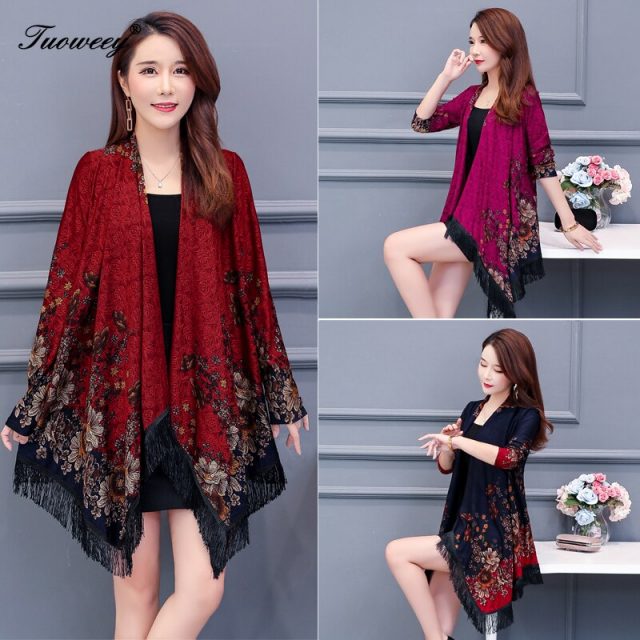 autumn Women Kimonos Blouse Tassel Long Sleeve Floral Chiffon Print Cardigans Longo Feminino Vintage Sunscreen Fringe Shirt Tops