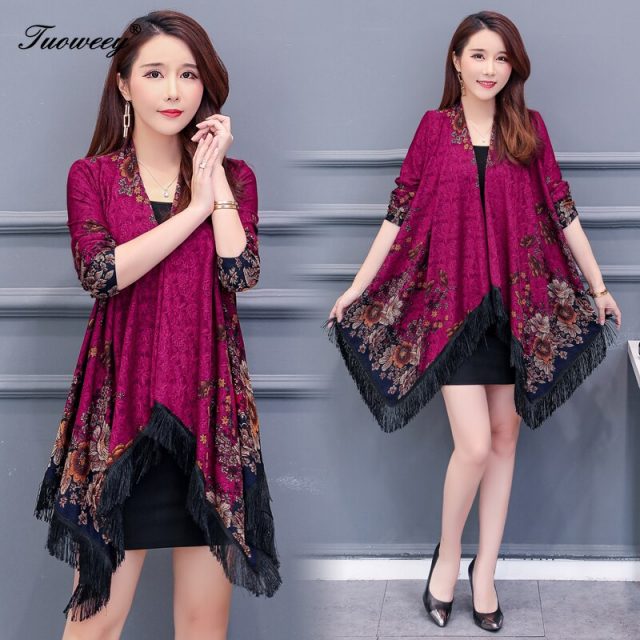autumn Women Kimonos Blouse Tassel Long Sleeve Floral Chiffon Print Cardigans Longo Feminino Vintage Sunscreen Fringe Shirt Tops