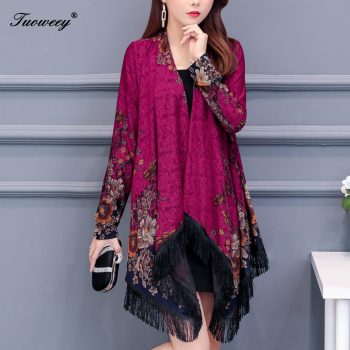 autumn Women Kimonos Blouse Tassel Long Sleeve Floral Chiffon Print Cardigans Longo Feminino Vintage Sunscreen Fringe Shirt Tops