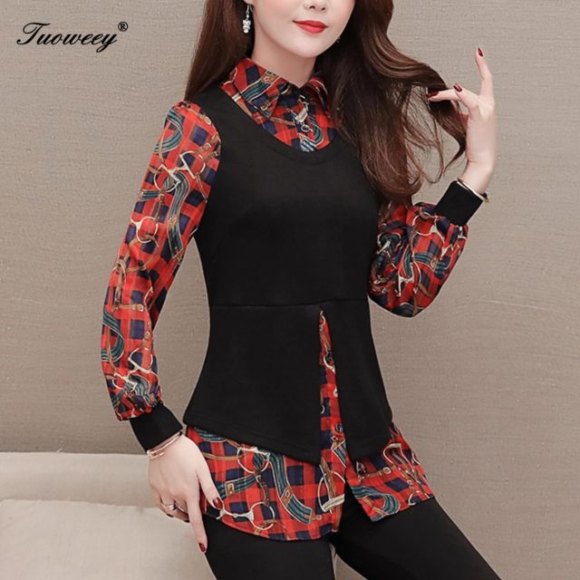 2020 Spring Autumn New Korean Casual Tops Fake Two Pieces Loose floral shirt long sleeve plus size 5XL Women blouse