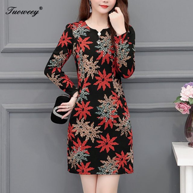 Plus size 5XL New Women Floral Print sexy Slim spring long Sleeve A-line Mini Dress Sexy O-neck Female Casual Sheath Dresses