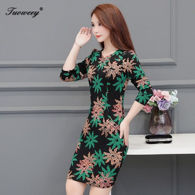 Plus size 5XL New Women Floral Print sexy Slim spring long Sleeve A-line Mini Dress Sexy O-neck Female Casual Sheath Dresses