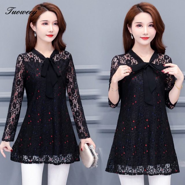 Women clothing floral red dot Autumn 4XL lace Shirt Tops see through basic female Elegant long-sleeve Lace Blouses shirts