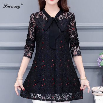 Women clothing floral red dot Autumn 4XL lace Shirt Tops see through basic female Elegant long-sleeve Lace Blouses shirts