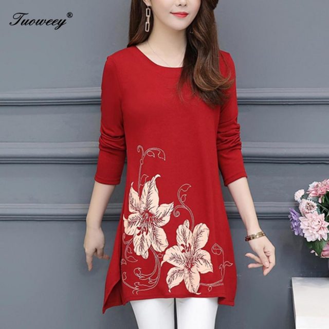 2019 New Arrival Fashion autumn long sleeve loose casual Shirt Female Casual red Color Plus Size elegant Printed Blouse