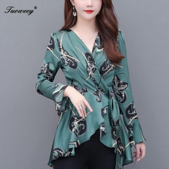 2019 New Arrival Fashion autumn long sleeve floral casual Shirt Female Casual loose geometric Plus Size elegant Printed Blouse