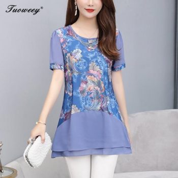 2019 short Sleeve Women's Shirts O Neck Floral Printed Casual blusas Long Tops Flower Fitness Women Top summer Plus Size 5XL