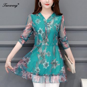 2019 Fashion autumn long Sleeve v-neck Long Shirt Female Casual tops 5XL Plus Size floral Women Blouses