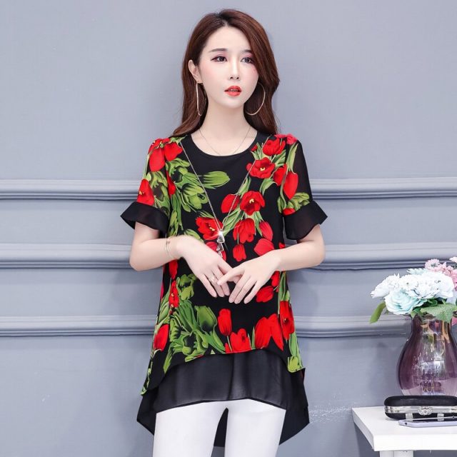 2019 fashion chiffon women’s clothing chiffon short sleeve loose plus size women shirt blouse O-neck floral women tops blusas