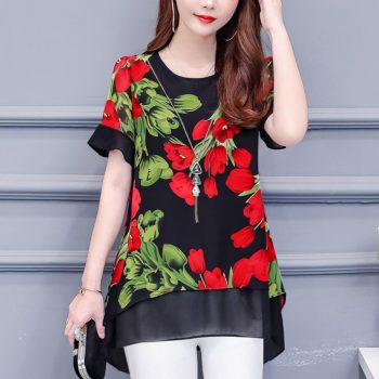 2019 fashion chiffon women's clothing chiffon short sleeve loose plus size women shirt blouse O-neck floral women tops blusas