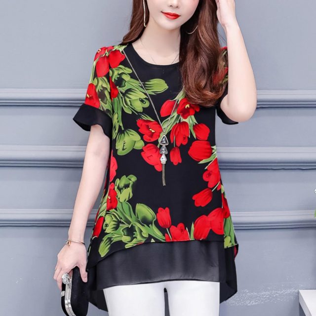 2019 fashion chiffon women’s clothing chiffon short sleeve loose plus size women shirt blouse O-neck floral women tops blusas