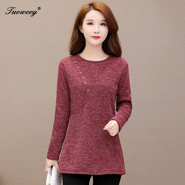 5XL Elegant Spring Metal Button Shirt Blouse Solid Autumn Long Sleeve Ribbed Blouses Women Sexy O-Neck Slim Pullover Tops Blusas