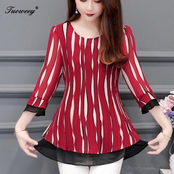 5XL Plus Size striped Women 3/4 autumn Blouses 2019 Fashion autumn ladies loose patchwork Shirt Female Casual tops