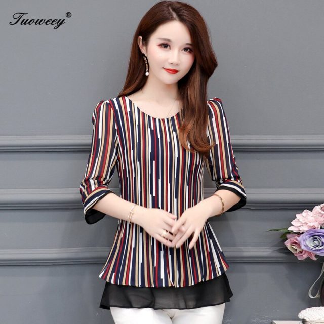5XL Plus Size striped Women 3/4 autumn Blouses 2019 Fashion autumn ladies loose patchwork Shirt Female Casual tops