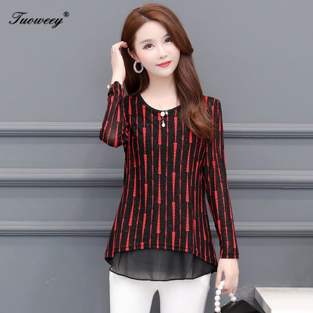 5XL Plus Size striped Women red Blouses 2019 Fashion autumn long Sleeve loose elegant Shirt Female Casual tops