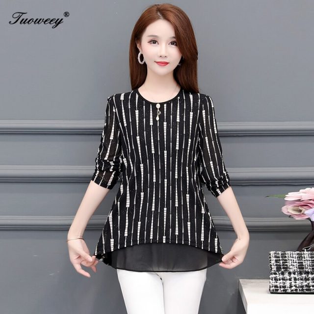 5XL Plus Size striped Women red Blouses 2019 Fashion autumn long Sleeve loose elegant Shirt Female Casual tops