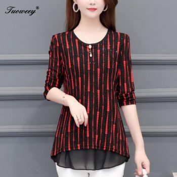 5XL Plus Size striped Women red Blouses 2019 Fashion autumn long Sleeve loose elegant Shirt Female Casual tops