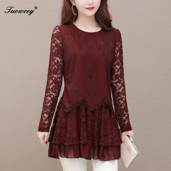 2020 autumn and winter new floral hollow out diamonds bottoming lace shirt top plus size long sleeve elegant mesh shirt top