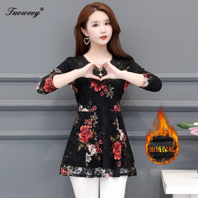 New style Women velvet lace Tops embossing spliced ear Chiffon shirt V necked long sleeve Casual Ruffles lace blouse