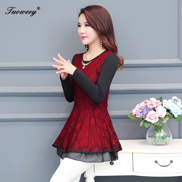 New style Women velvet lace Tops embossing spliced ear Chiffon shirt o necked long sleeve Casual Ruffles lace blouse