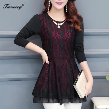 New style Women velvet lace Tops embossing spliced ear Chiffon shirt o necked long sleeve Casual Ruffles lace blouse