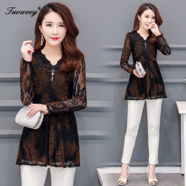 2019 Autumn V-neck Lace Women Blouse Shirt Older Women long sleeve flower printed see through Autumn female Women tops