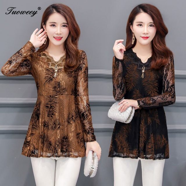 2019 Autumn V-neck Lace Women Blouse Shirt Older Women long sleeve flower printed see through Autumn female Women tops
