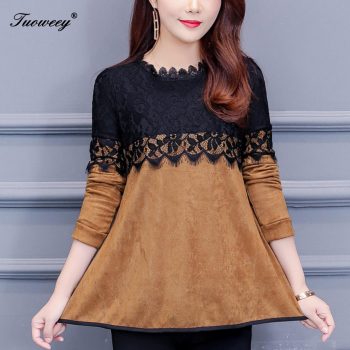 Fashion Woman o neck yellow lace patchwork Blouses 2019 Autumn New Elegant Shirt Female Long Sleeve loose sexy Shirts