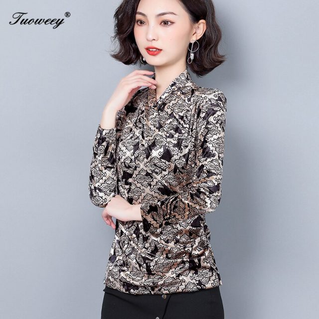 2020 spring Women Blouse Ladies Printing career Long Sleeve V-Neck Sexy Tops Blouses Female Fashion Shirts tee Top Clothing