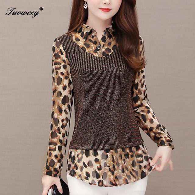 Leopard fashion clothing 4XL Plus Size Women Fashion autumn long Sleeve loose mother Long Shirt Female Casual Elegant tops