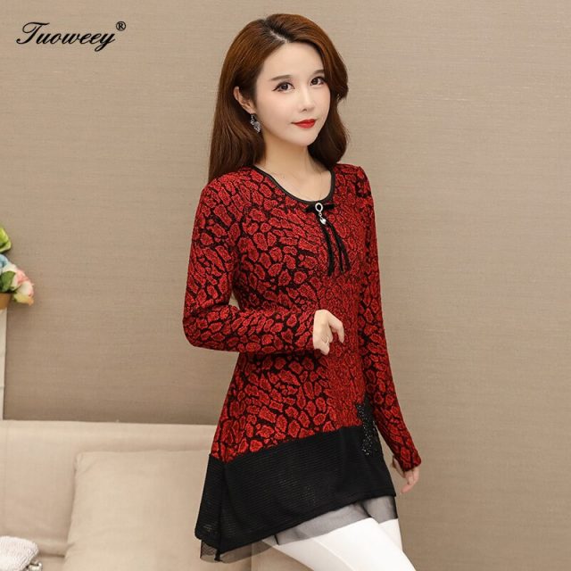 2020 Basic Shirts Blouses Hot Sales Women Fashion Patchwork red Mesh Sheer Sequined Top Button floral Elegant Shirt