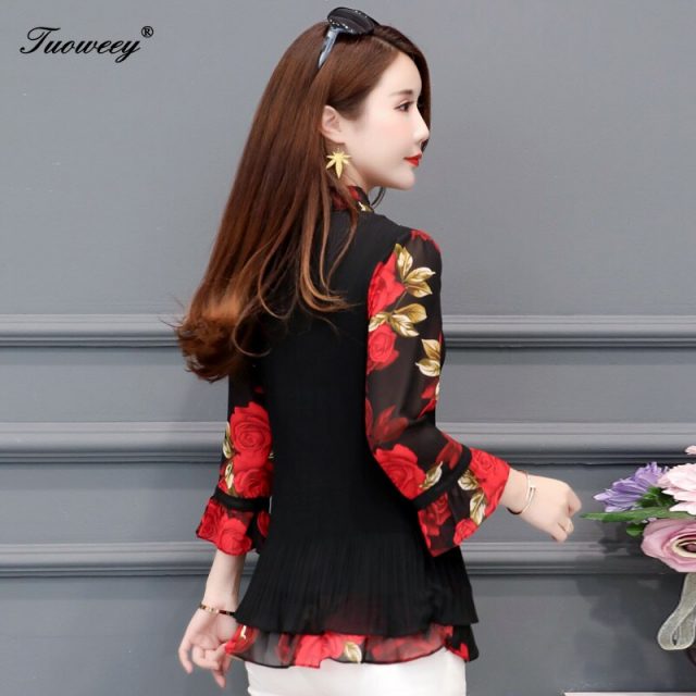 5XL Plus Size Women Blouses 2019 Fashion autumn bow collar 3/4 Sleeve FLORAL Shirt Female Casual tops blusas femininas elegante