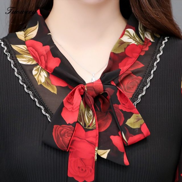 5XL Plus Size Women Blouses 2019 Fashion autumn bow collar 3/4 Sleeve FLORAL Shirt Female Casual tops blusas femininas elegante