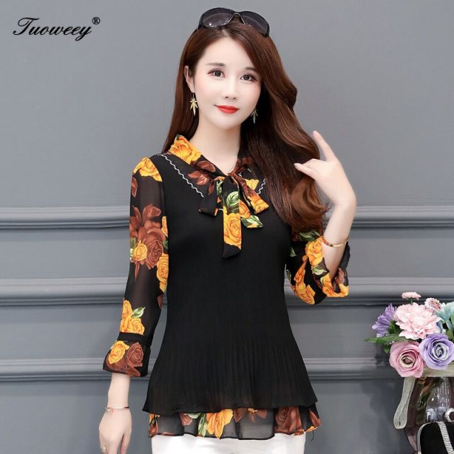 5XL Plus Size Women Blouses 2019 Fashion autumn bow collar 3/4 Sleeve FLORAL Shirt Female Casual tops blusas femininas elegante