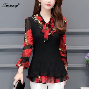 5XL Plus Size Women Blouses 2019 Fashion autumn bow collar 3/4 Sleeve FLORAL Shirt Female Casual tops blusas femininas elegante