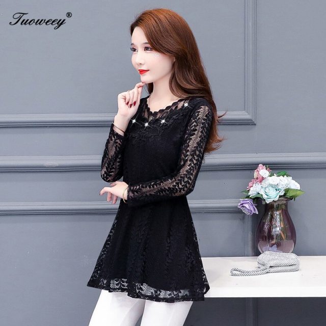 4XL Women clothing beading hollow out spring lace Shirt Tops see through basic female Elegant long-sleeve Lace Blouses shirts