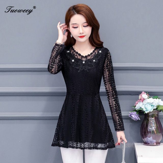 4XL Women clothing beading hollow out spring lace Shirt Tops see through basic female Elegant long-sleeve Lace Blouses shirts