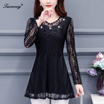 4XL Women clothing beading hollow out spring lace Shirt Tops see through basic female Elegant long-sleeve Lace Blouses shirts