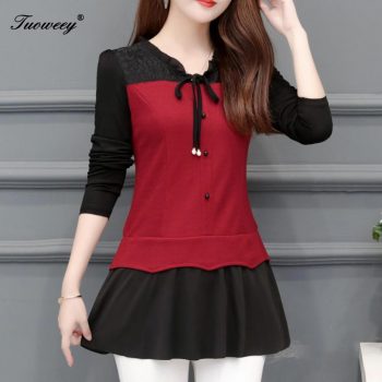 5XL Casual patchwork red fashion woman blouses 2019 long sleeve blouse women tops and blouses blusa feminina shirt women