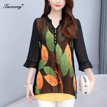 2019 Summer autumn style Women Chiffon Blouse Shirts Casual button Loose elegant v neck half Sleeve Floral Print Tops blusas