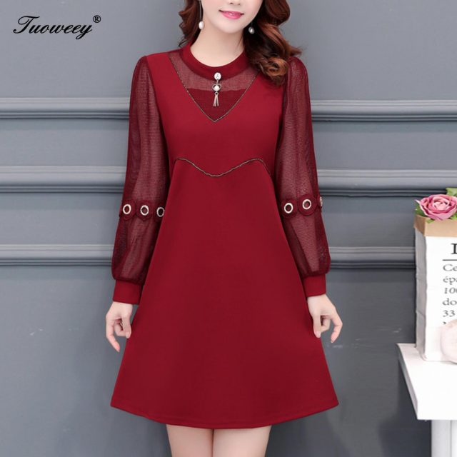 2019 New Arrival Fashion autumn long sleeve sexy patchwork casual dress Female Casual loose Plus Size elegant red dress