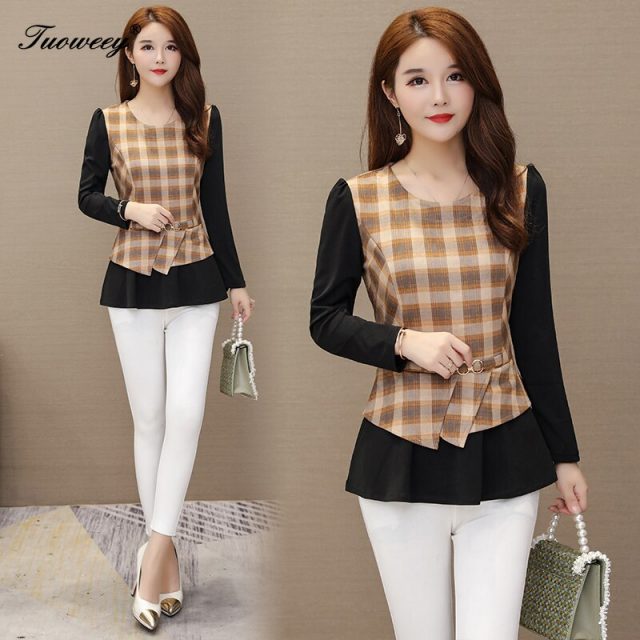 Fashion Woman o neck green plaid patchwork Blouses 2019 Autumn New Elegant Shirt Female Long Sleeve waist slim Shirts